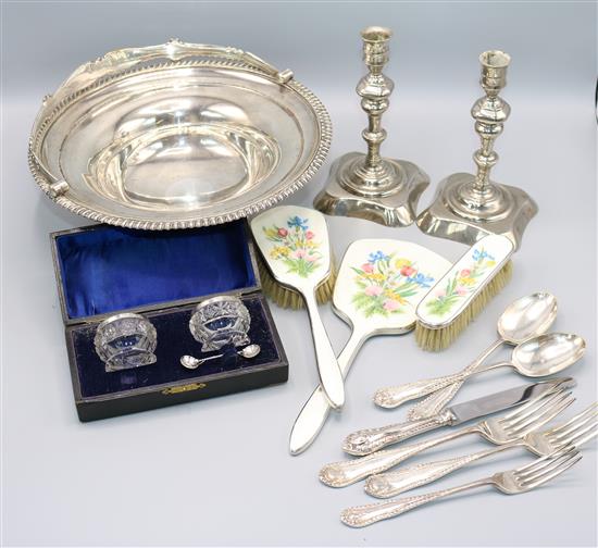 Plated Queen Ann candlesticks, enamel brush set, silver mounted salts etc